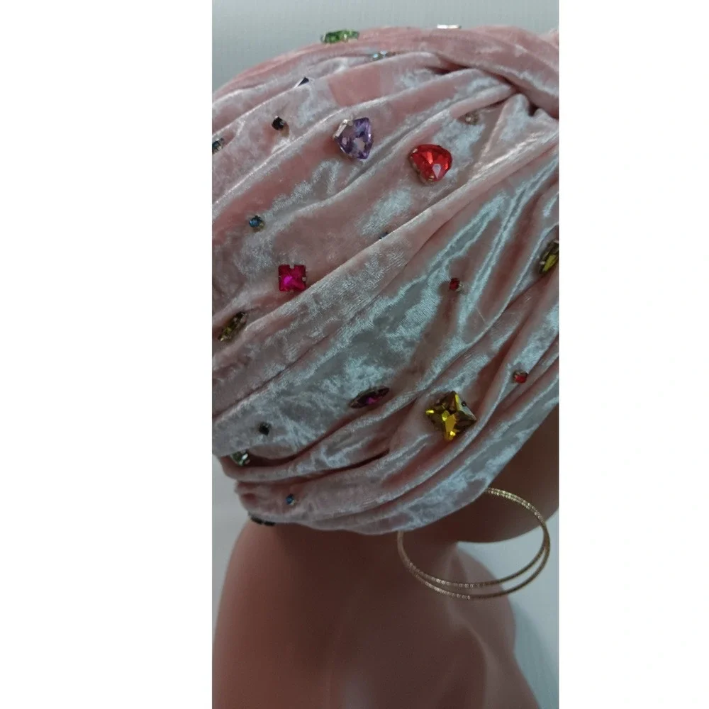 Pink‎ Velvet Rhinestone Turban Head Covering Stretch Velvet Jeweled Hijab Cap